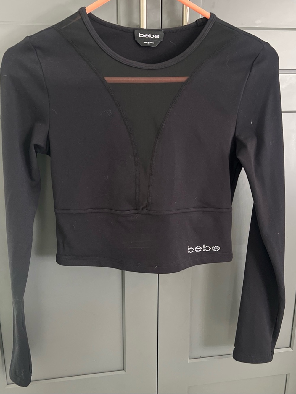 bebe Black Long-Sleeve Cropped Top with Sheer Mesh Inset